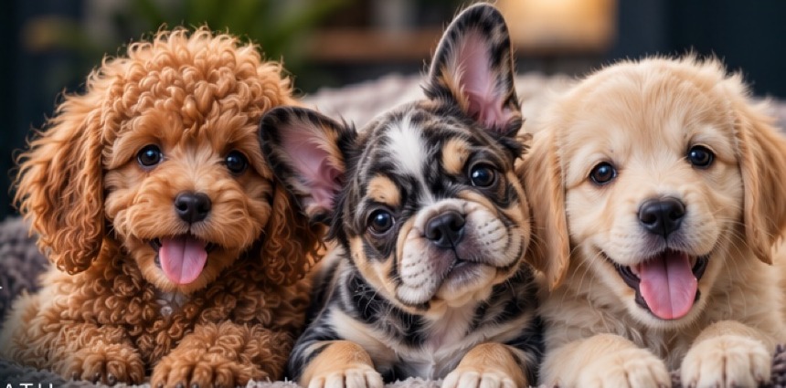Three happy puppies — a brown doodle, a French Bulldog puppy, and a golden retriever